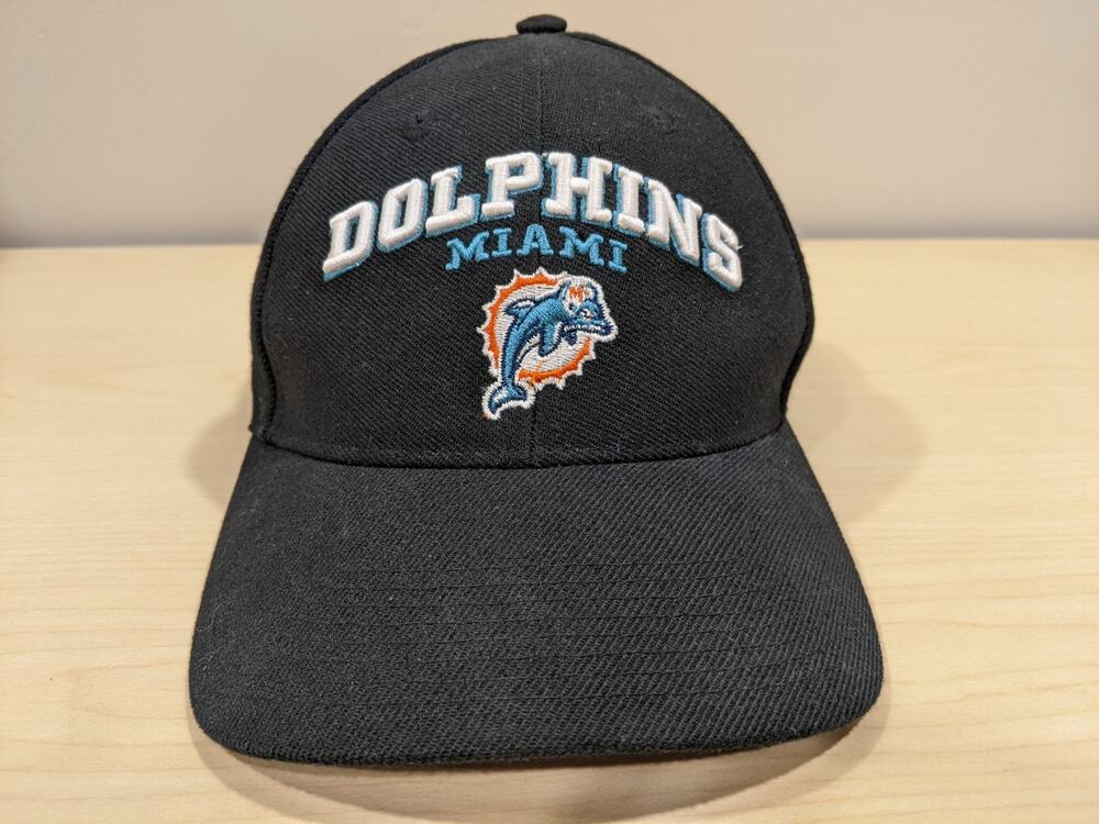 1990s Y2K Puma NFL Miami Dolphins Black Wool Blend Snapback Cap Hat Embroidered